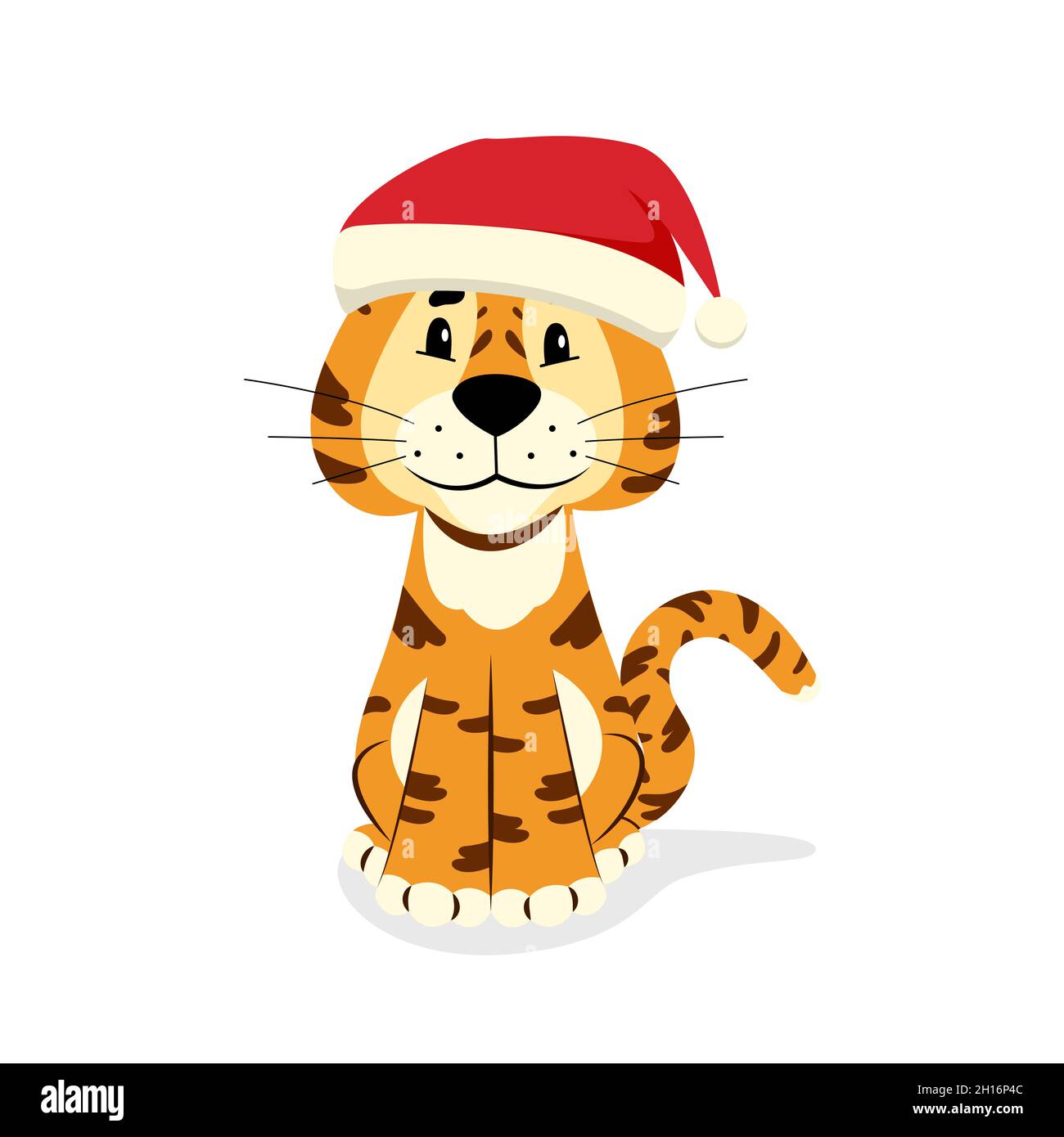 Tiger in a santa hat. Vector Christmas character on a white background