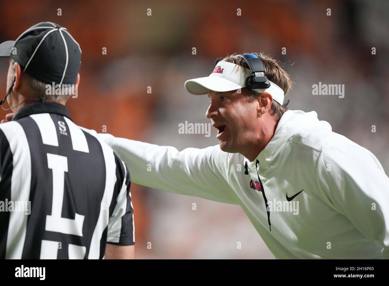 October 16, 2021: head coach Lane Kiffin of the Mississippi Rebels argues a call during the NCAA football game between the University of Tennessee Volunteers and the Ole Miss Rebels at Neyland Stadium in Knoxville TN Tim Gangloff/CSM Stock Photo