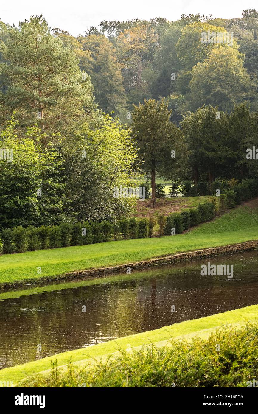 Scenic landscapes and parkland and water features near Fountains abbey Stock Photo