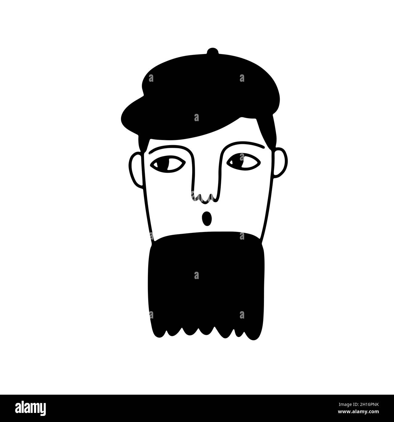 Doodle bearded whistles face. Hand-drawn outline human isolated on white background. Funny Avatar. Cartoon young man. Male cute portrait with Hairstyl Stock Vector