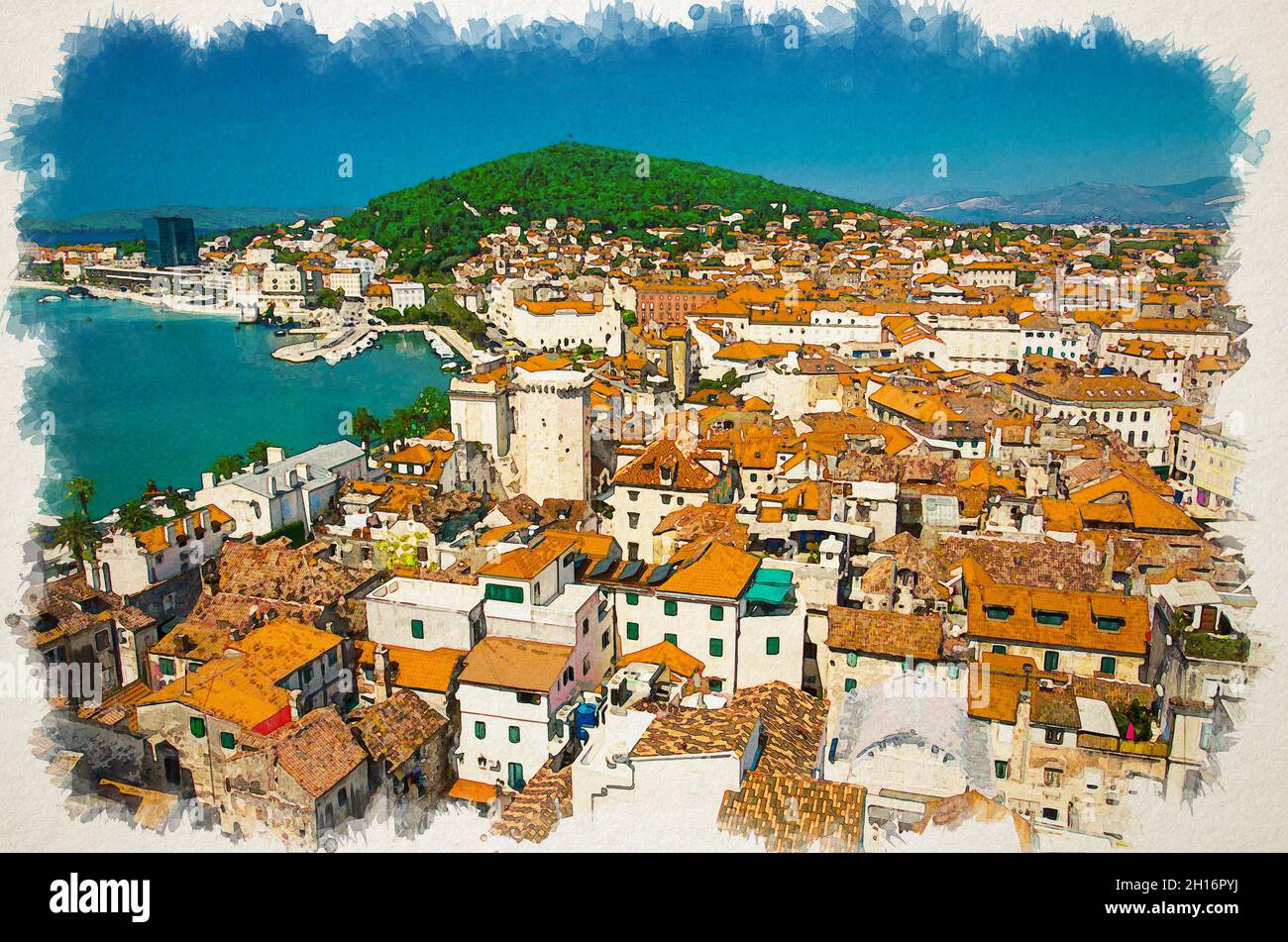 Watercolor drawing of Marine waterfront, old buildings with orange roofs and Marjan hill aerial view from venetian Saint Domnius bell tower, Split, Da Stock Photo