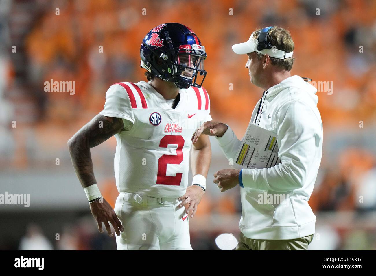 October 16, 2021: head coach Lane Kiffin speaks with Matt Corral #2 of the Mississippi Rebels during the NCAA football game between the University of Tennessee Volunteers and the Ole Miss Rebels at Neyland Stadium in Knoxville TN Tim Gangloff/CSM Stock Photo