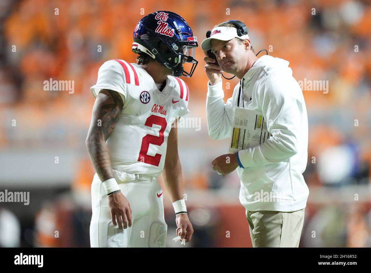 October 16, 2021: head coach Lane Kiffin speaks with Matt Corral #2 of the Mississippi Rebels during the NCAA football game between the University of Tennessee Volunteers and the Ole Miss Rebels at Neyland Stadium in Knoxville TN Tim Gangloff/CSM Stock Photo