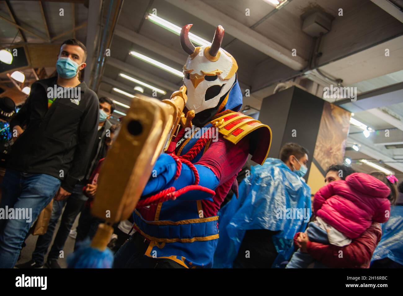 Cosplayers use costumes of League of Legends game characters during the first day of the SOFA (Salon del Ocio y la Fantasia) 2021, a fair aimed to the geek audience in Colombia that mixes Cosplay, gaming, superhero and movie fans from across Colombia, in Bogota, Colombia on October 14, 2021. Stock Photo