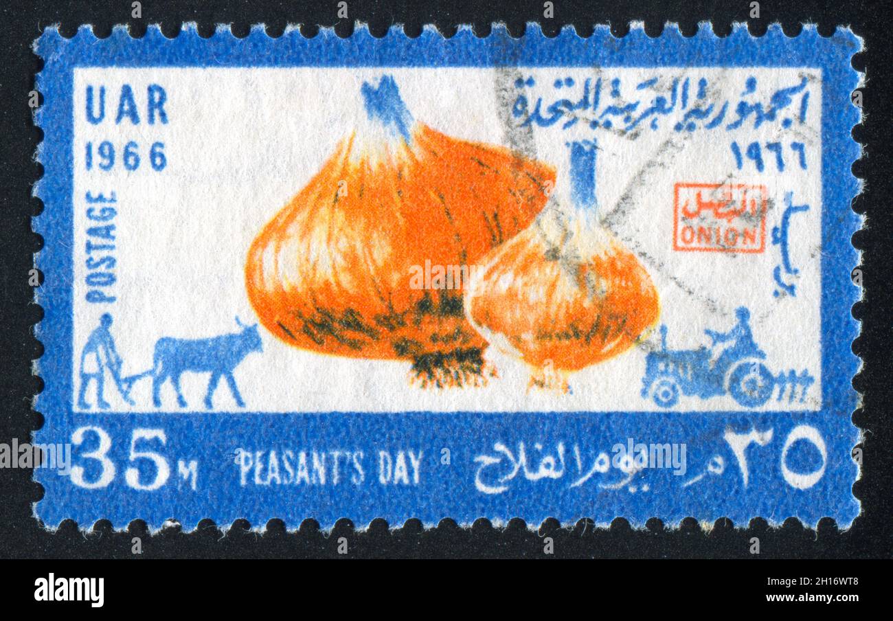 EGYPT - CIRCA 1966: stamp printed by Egypt, shows Onion, plougher, tractor, circa 1966 Stock Photo