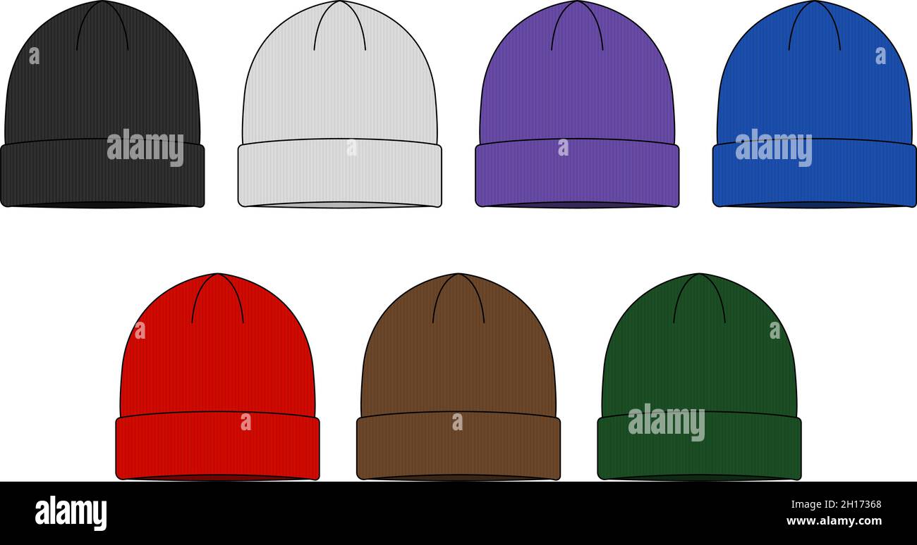 Beanie hat (knit cap) template vector illustration set Stock Vector
