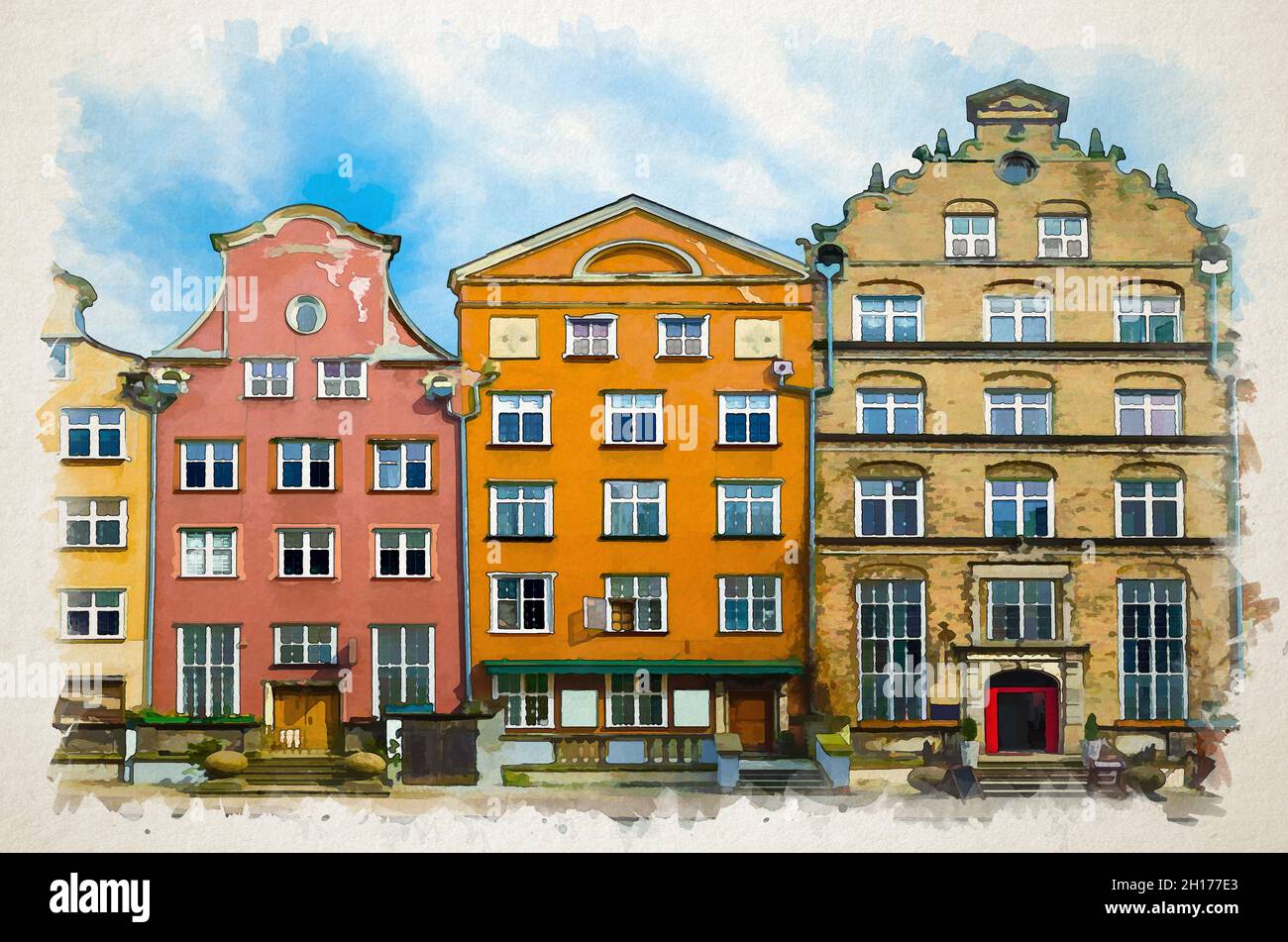 Watercolor drawing of Typical colorful houses buildings with ...