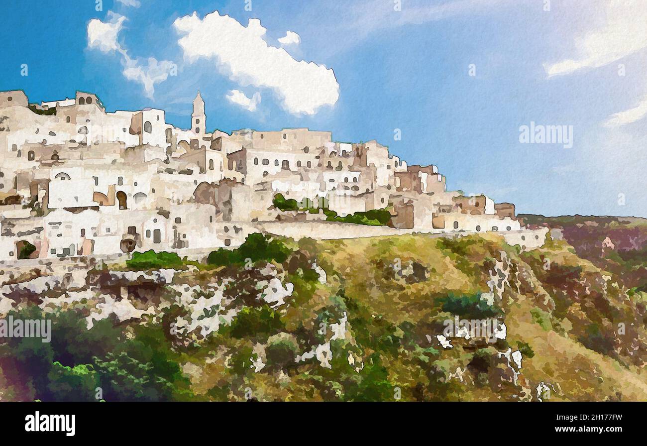 Watercolor drawing of Matera view of historical centre Sasso Caveoso of old ancient town Sassi di Matera with rock cave houses, European Capital of Cu Stock Photo