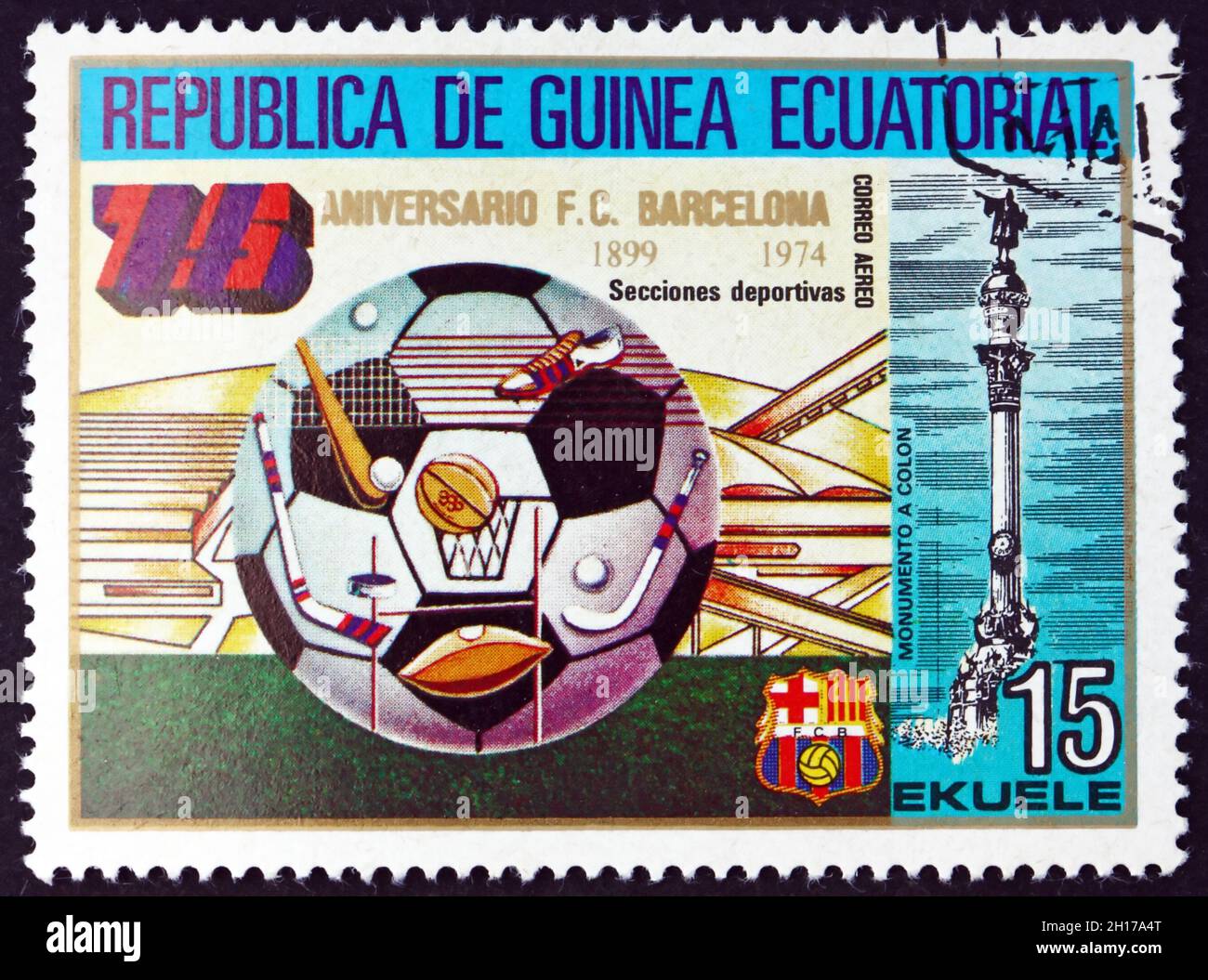 EQUATORIAL GUINEA - CIRCA 1974: a stamp printed in Equatorial Guinea shows Soccer Ball, Barcelona Soccer Team, 75th Anniversary, circa 1974 Stock Photo