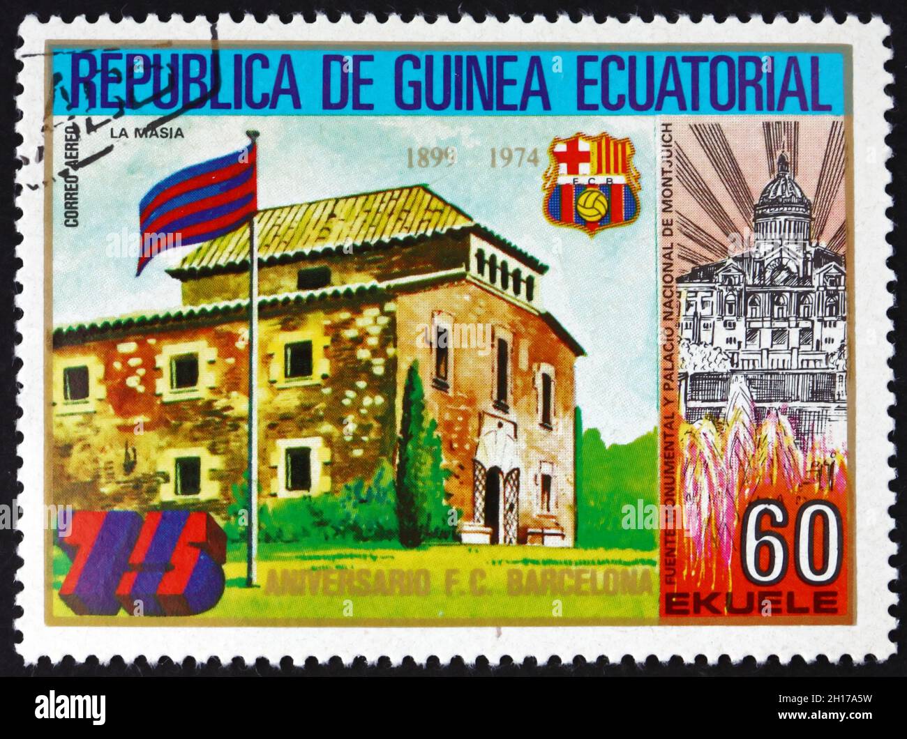 EQUATORIAL GUINEA - CIRCA 1974: a stamp printed in Equatorial Guinea dedicated to Barcelona Soccer Team, 75th Anniversary, circa 1974 Stock Photo