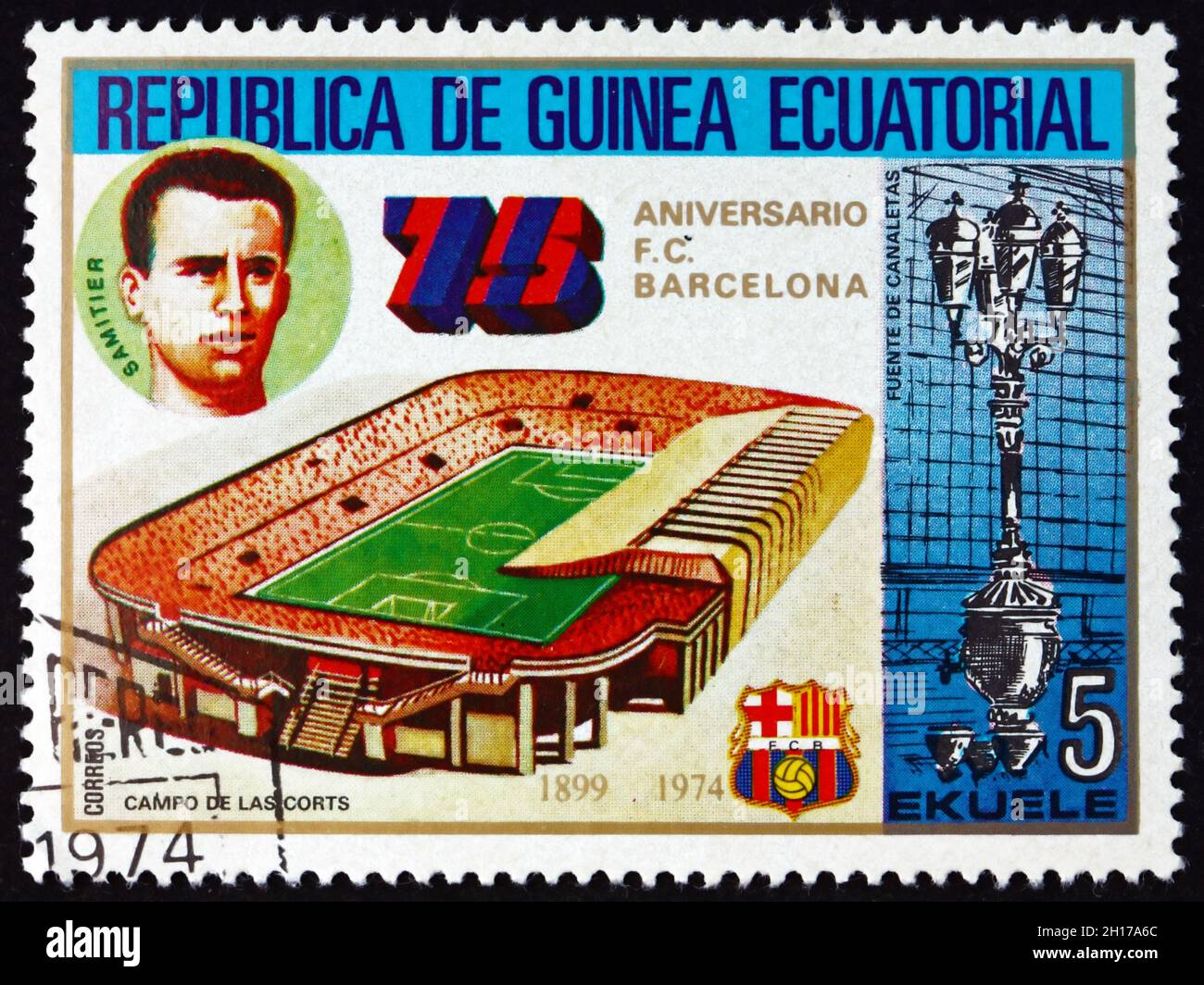 EQUATORIAL GUINEA - CIRCA 1974: a stamp printed in Equatorial Guinea shows Soccer Field, Barcelona Soccer Team, 75th Anniversary, circa 1974 Stock Photo