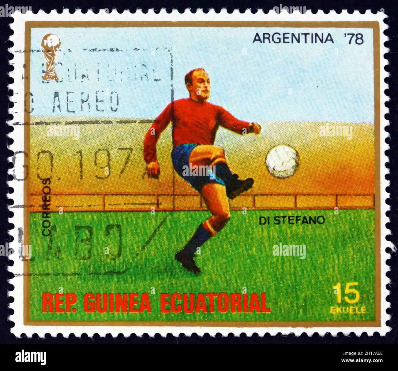 EQUATORIAL GUINEA - CIRCA 1977: a stamp printed in Equatorial Guinea shows Alfredo di Stefano, famous soccer player, circa 1977 Stock Photo
