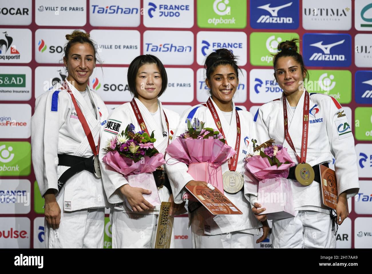 Women -48 kg, Melanie LEGOUX CLEMENT of France Silver medal, Wakana KOGA of Japan Gold medal, Shirine BOUKLI of France and Blandine PONT of France Bronze medal during the Paris Grand Slam 2021, Judo event on October 16, 2021 at AccorHotels Arena in Paris, France - Photo: Victor Joly/DPPI/LiveMedia Stock Photo
