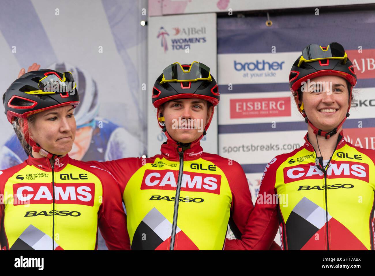 Hayley Simmonds, Jessica Finney, Emma Edwards of team CAMS Basso preparing  to race the Women's Tour cycle race Stage Four, starting from Shoeburyness  Stock Photo - Alamy