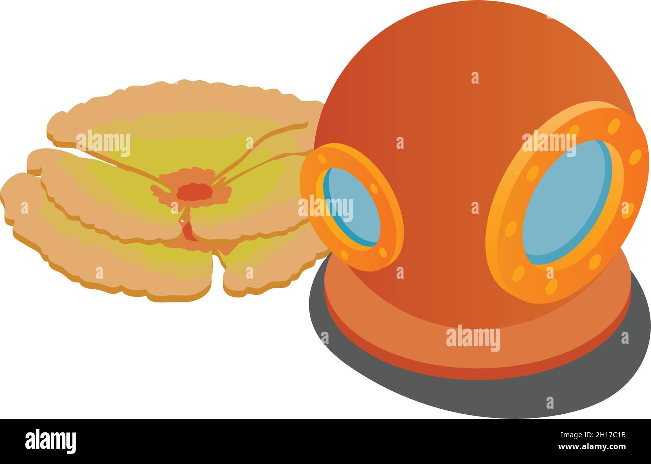 Diving gear icon isometric vector. Old vintage diving helmet and soft coral icon. Equipment for retro dive, concept sport and recreation Stock Vector