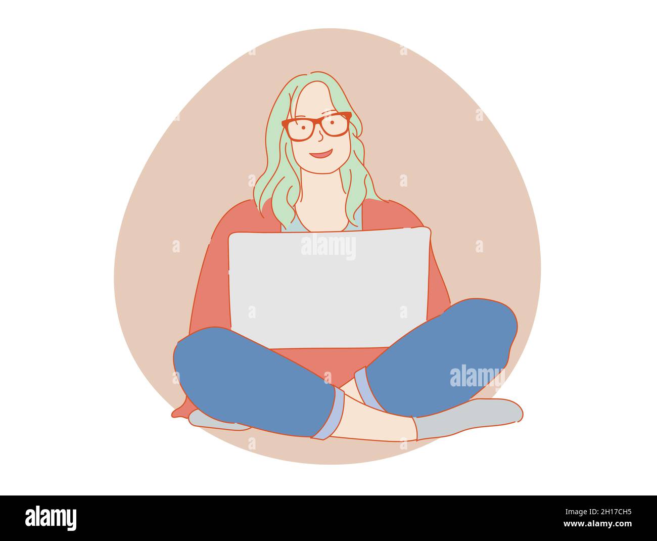 beautiful woman or cute girl sitting in front computer laptop ...