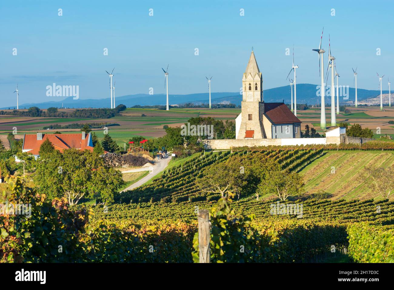 Höflein: fortified church in Höflein, vineyards, wind turbines in Donau, Niederösterreich, Lower Austria, Austria Stock Photo