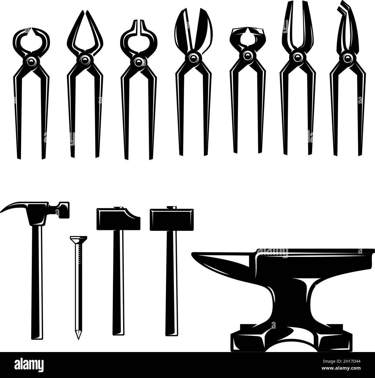 Illustration of blacksmith pliers, hammers, anvils. Design element for logo, label, sign, emblem, poster. Vector illustration Stock Vector