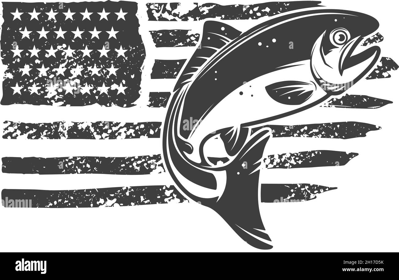 American flag with trout fish illustration. Design element for poster