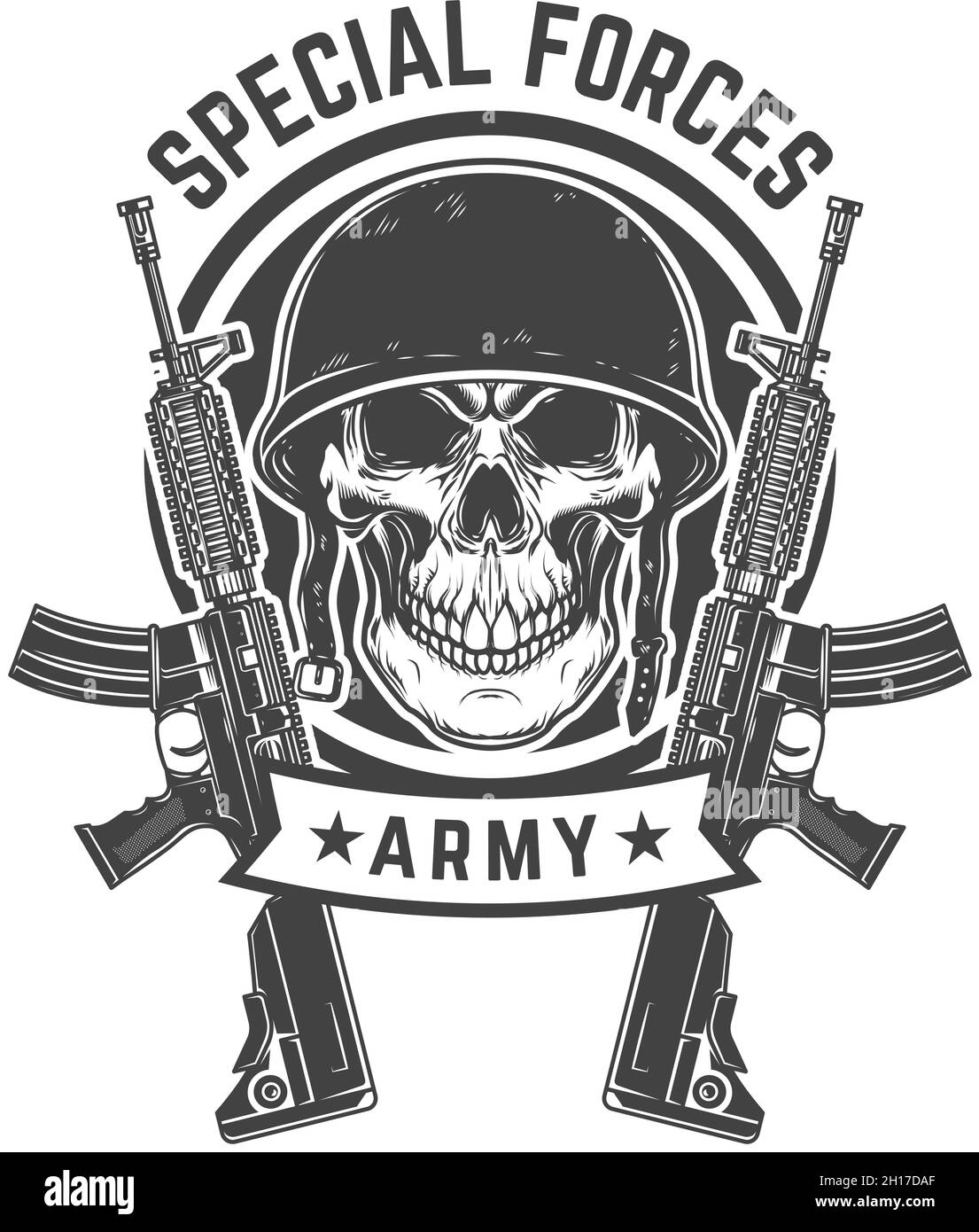 Soldier skull with assault rifles. Design element for logo, label, sign, emblem, poster. Vector illustration Stock Vector