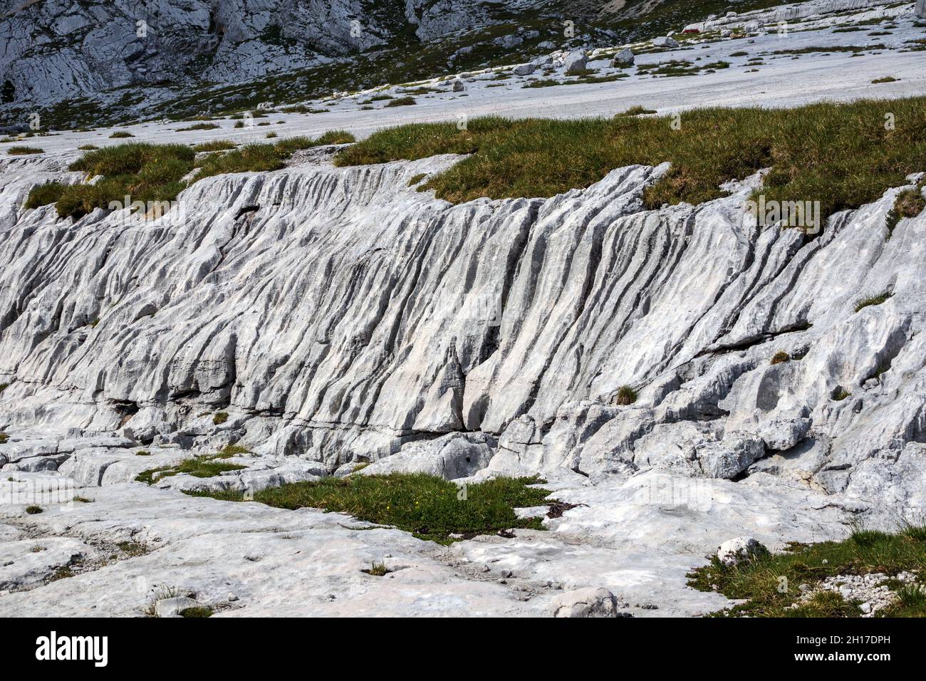 Karst landscape near Sas dle Crusc mountain group. Rectilinear grooves. The Dolomites of Fanes-Senes-Braies nature park. Italian Alps. Europe. Stock Photo