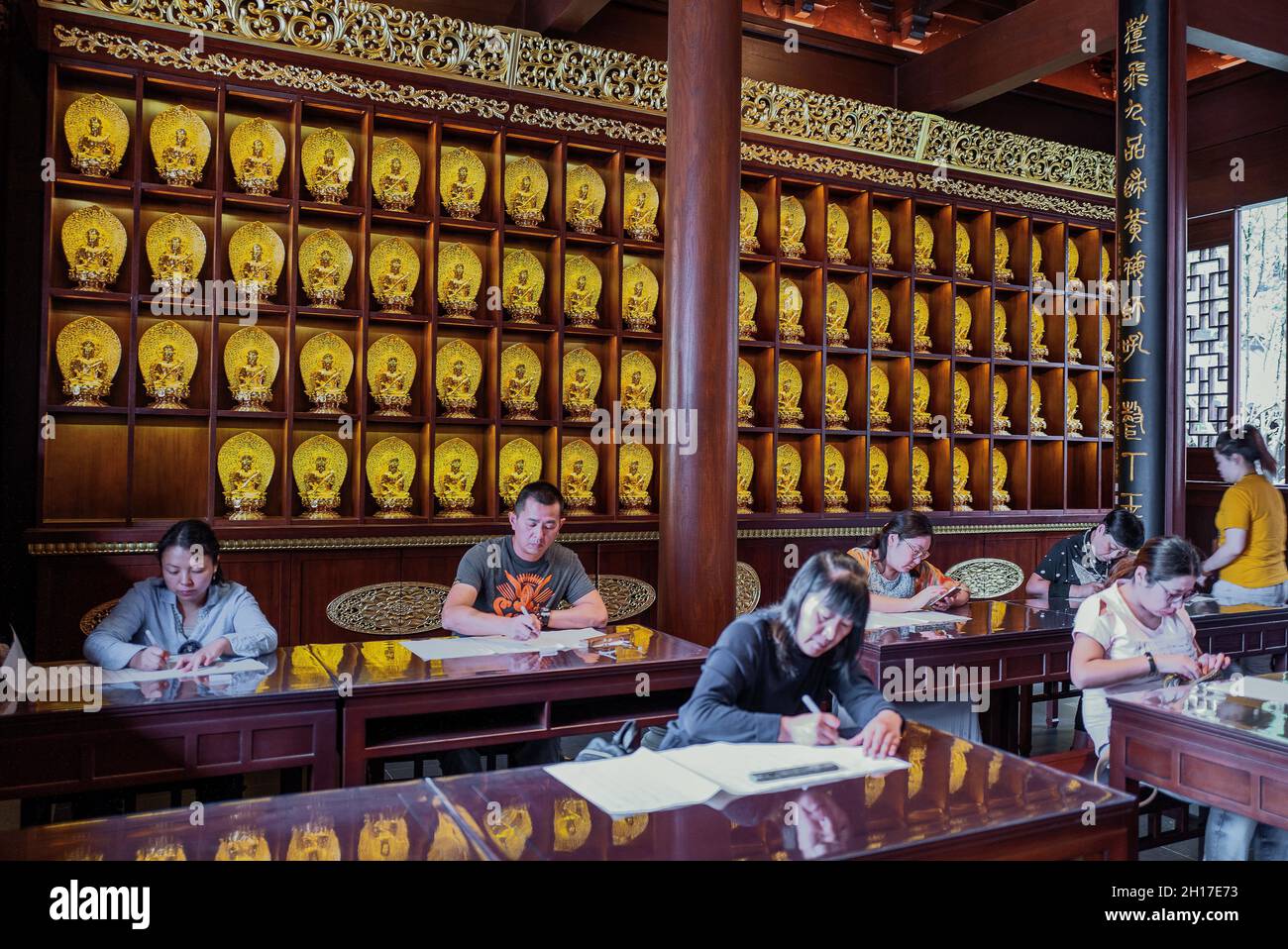 Shanghai, China - September 26,2018: Expert calligraphers in the Jade Buddha temple Stock Photo