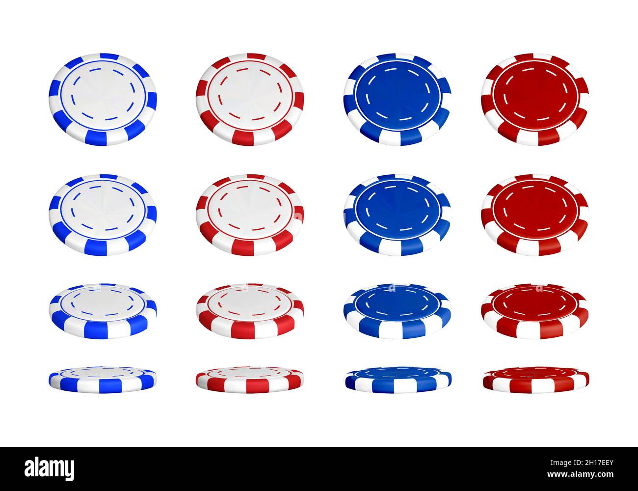 Poker chips in different position. Color casino chips isolated on white