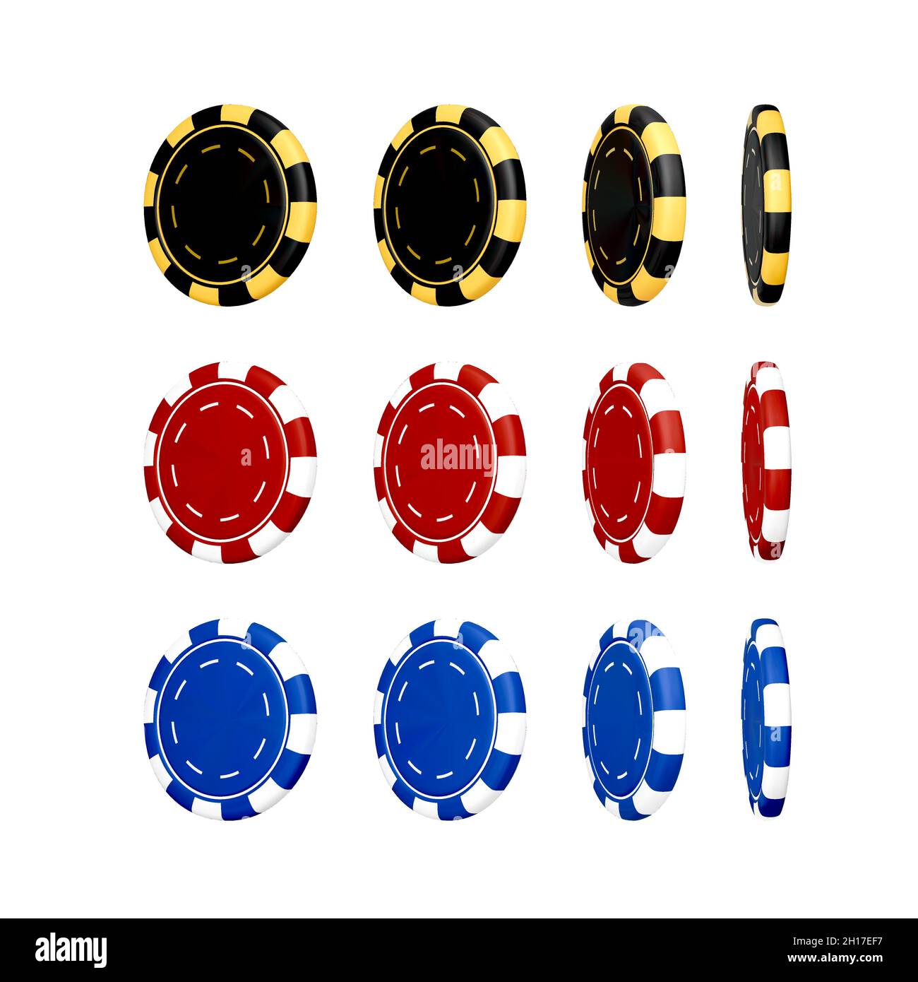 Casino chip in black blue and red colors. 3d realistic render poker chips. Plastic gambling isolated on white background. Vector illustration Stock Vector