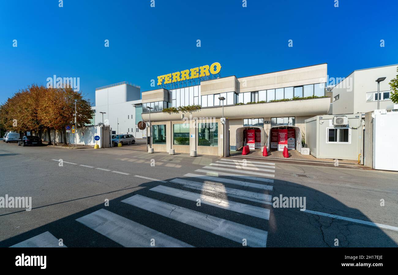 Alba, Cuneo, Italy - October 12, 2021: Ferrero factory building, famous and large confectionery factory producing Nutella, in via Vivaro Stock Photo