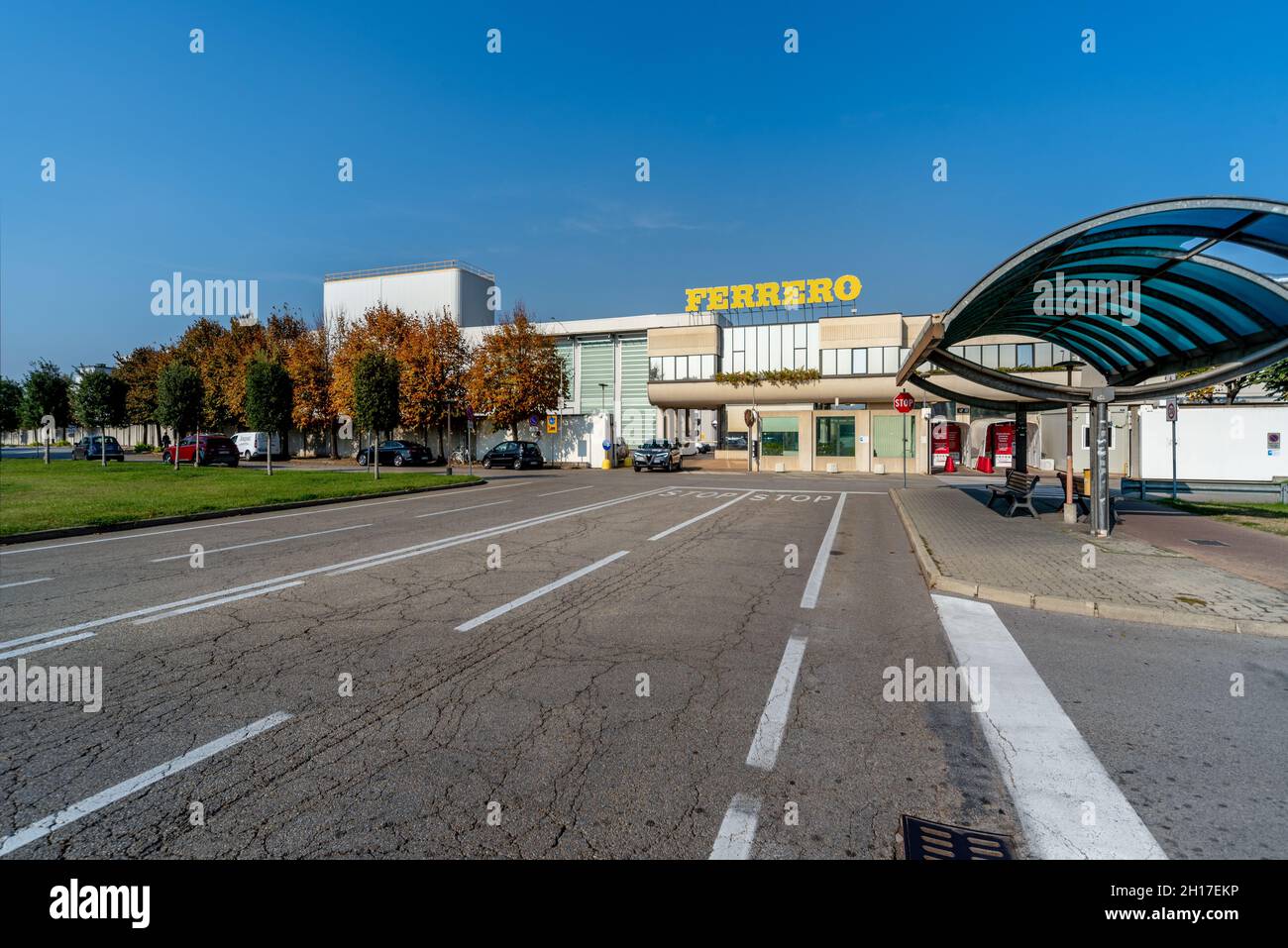 Alba, Cuneo, Italy - October 12, 2021: Ferrero factory building, famous and large confectionery factory producing Nutella, in via Vivaro Stock Photo