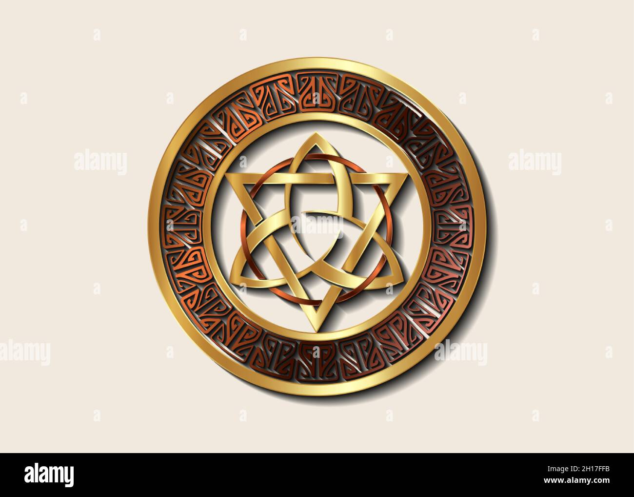The Grand Seal of gold Triquetra with Triangle and bronze Circle logo, Luxury Metallic Frame Trinity Knot, Pagan Celtic symbol Triple Goddess. Wicca Stock Vector