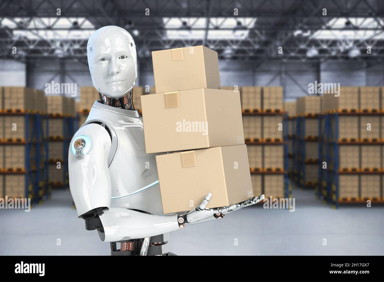 Automatic warehouse concept with 3d rendering automation robot work in ...