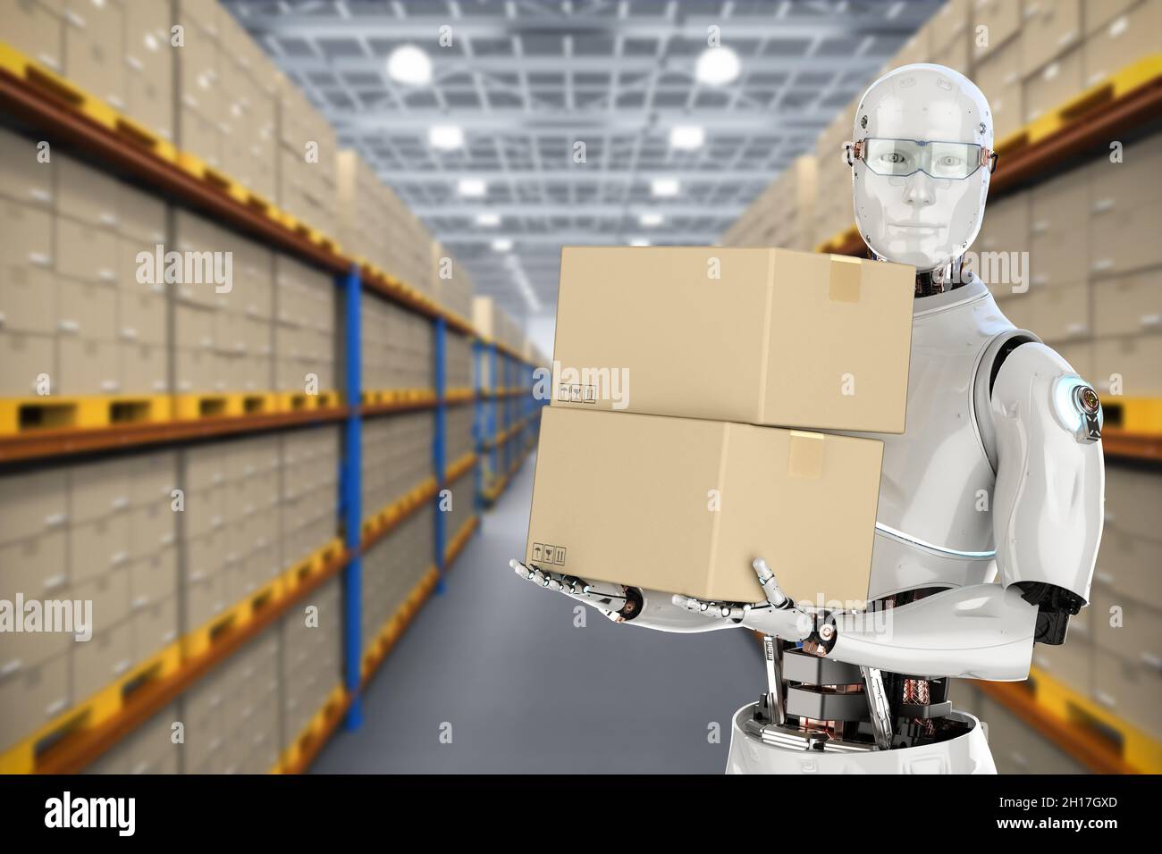 Automatic warehouse concept with 3d rendering automation robot work in ...