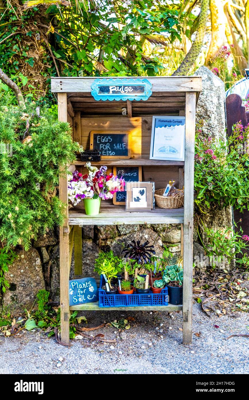 Honesty box selling Cornish fudge, eggs and plants in St Just, Cornwall, UK Stock Photo