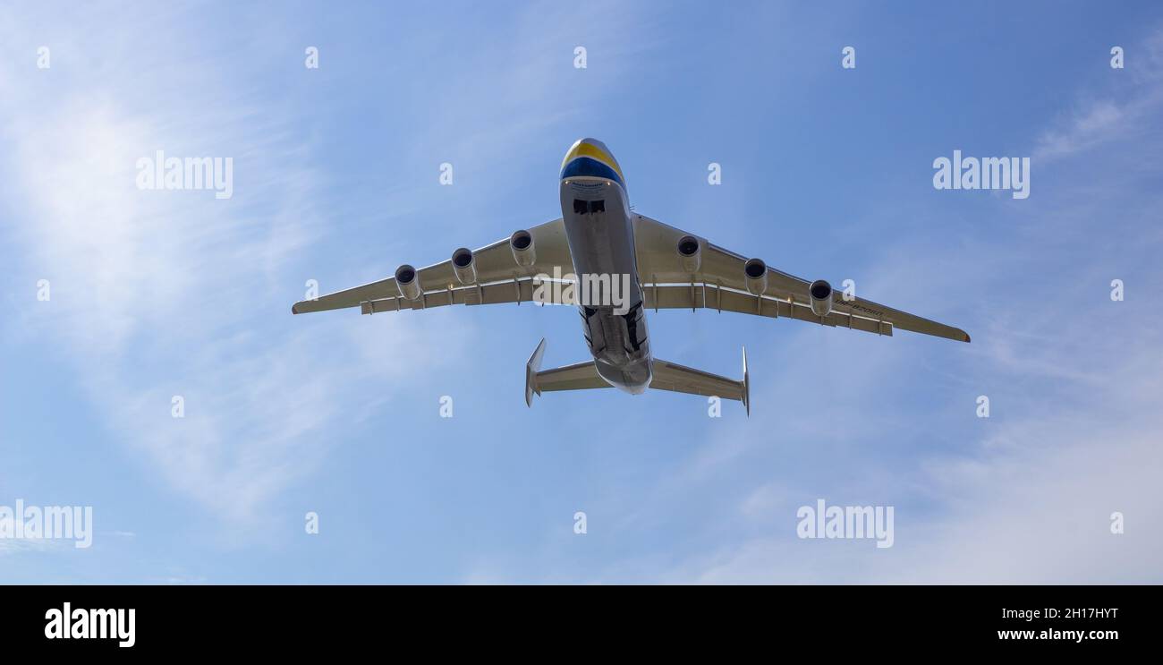 Gostomel, Ukraine, 2020: The plane Antonov 225 AN-225 Mriya, the biggest airplane in the world taking off from the airport. UR-82060 largest aircraft flying in the sky. Kyiv Stock Photo