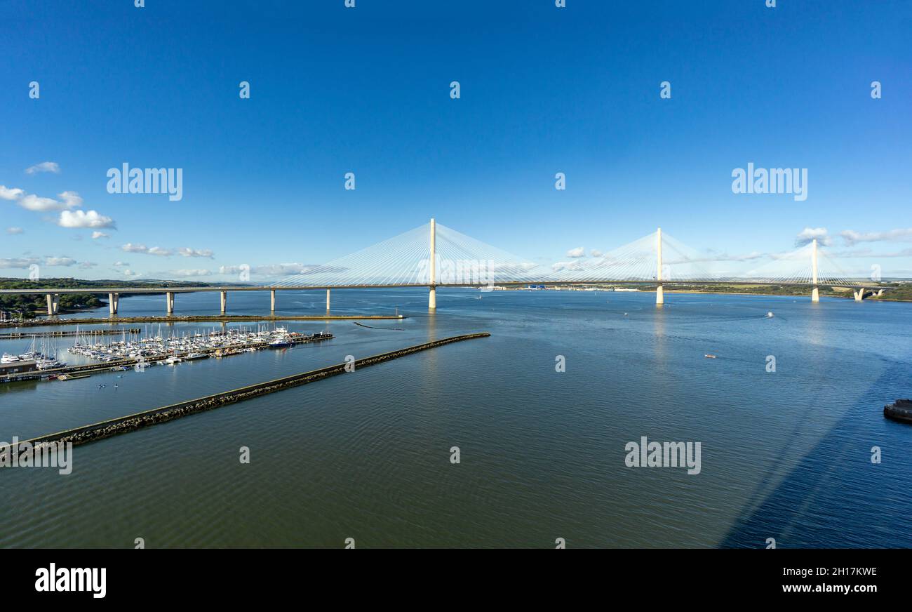 Queensferry Crossing on the Firth of Forth west of Edinburgh connecting south and north Queensferry in Scotland UK seen from the  Forth Road Bridge Stock Photo