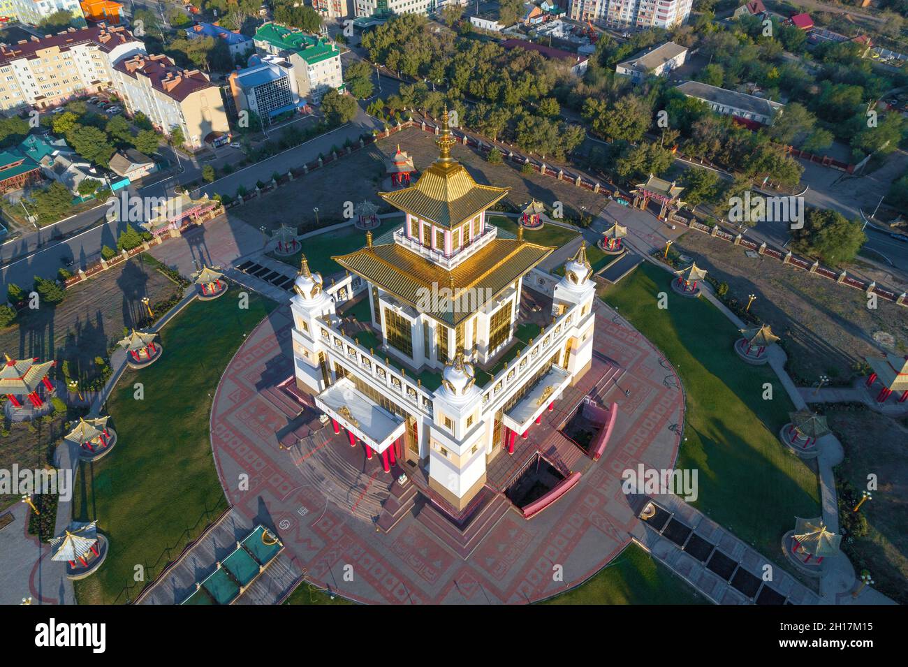 Top view of the Buddhist temple 'Golden Abode of Buddha Shakyamuni' on a sunny morning (aerial photography). Elista, Russia Stock Photo