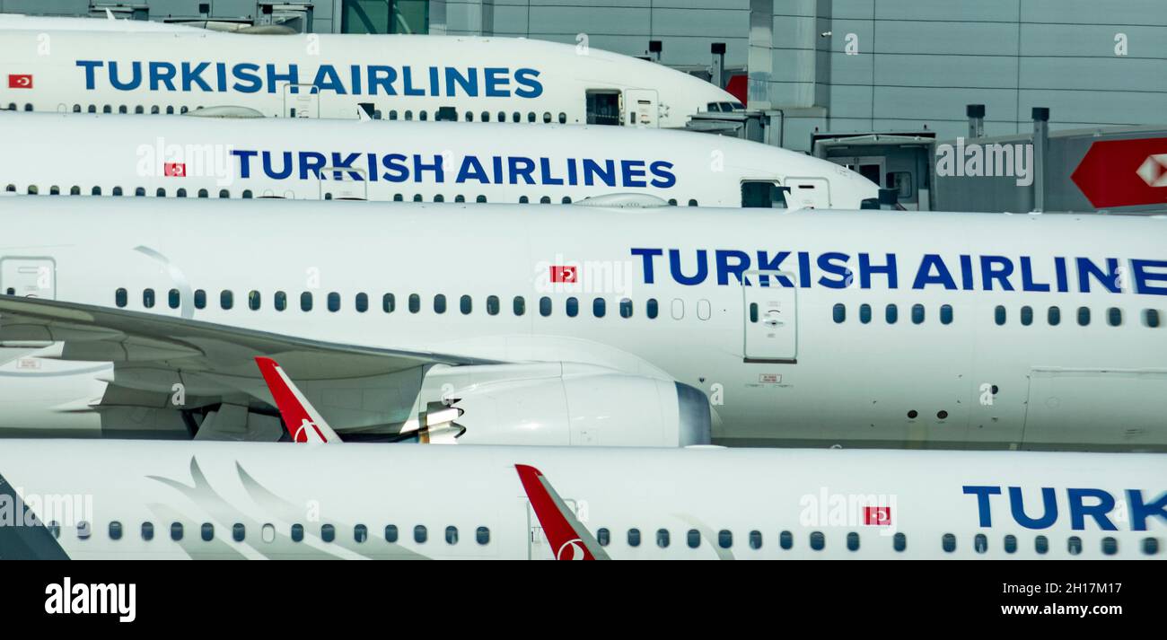 Turkish airlines planes at terminal, new Istanbul Airport. Turkey Stock Photo