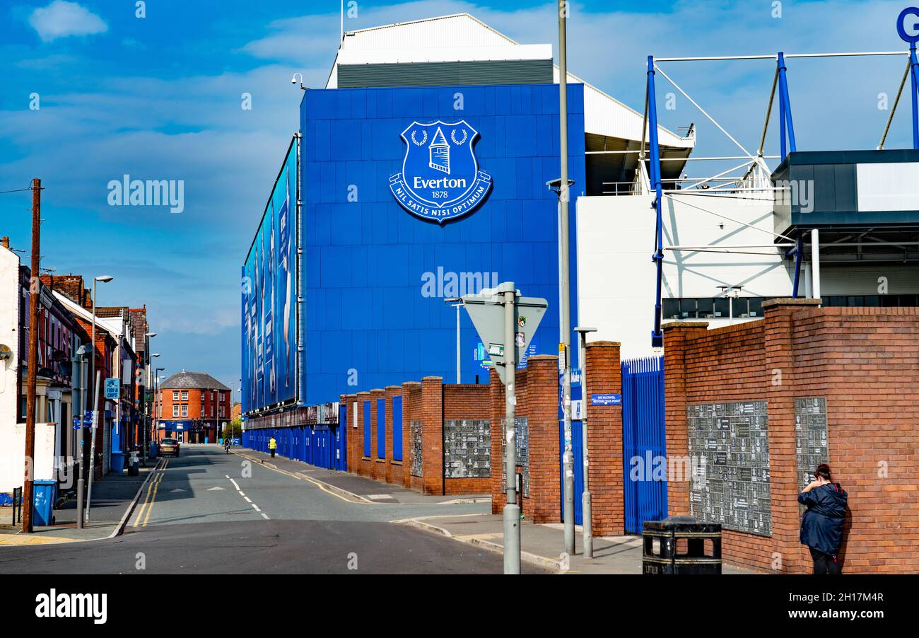 Goodison Park, the home of Everton Football Club since 1892, situated in the Walton district of Liverpool. Looking down Goodison Road on Sept 14,2021. Stock Photo