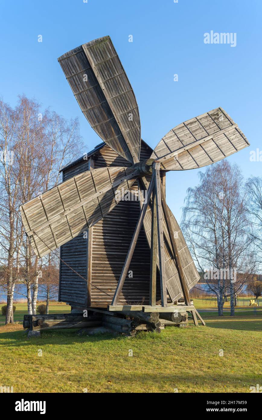 Old windmill in the village of Rantasalmi close-up on a October afternoon. Finland Stock Photo