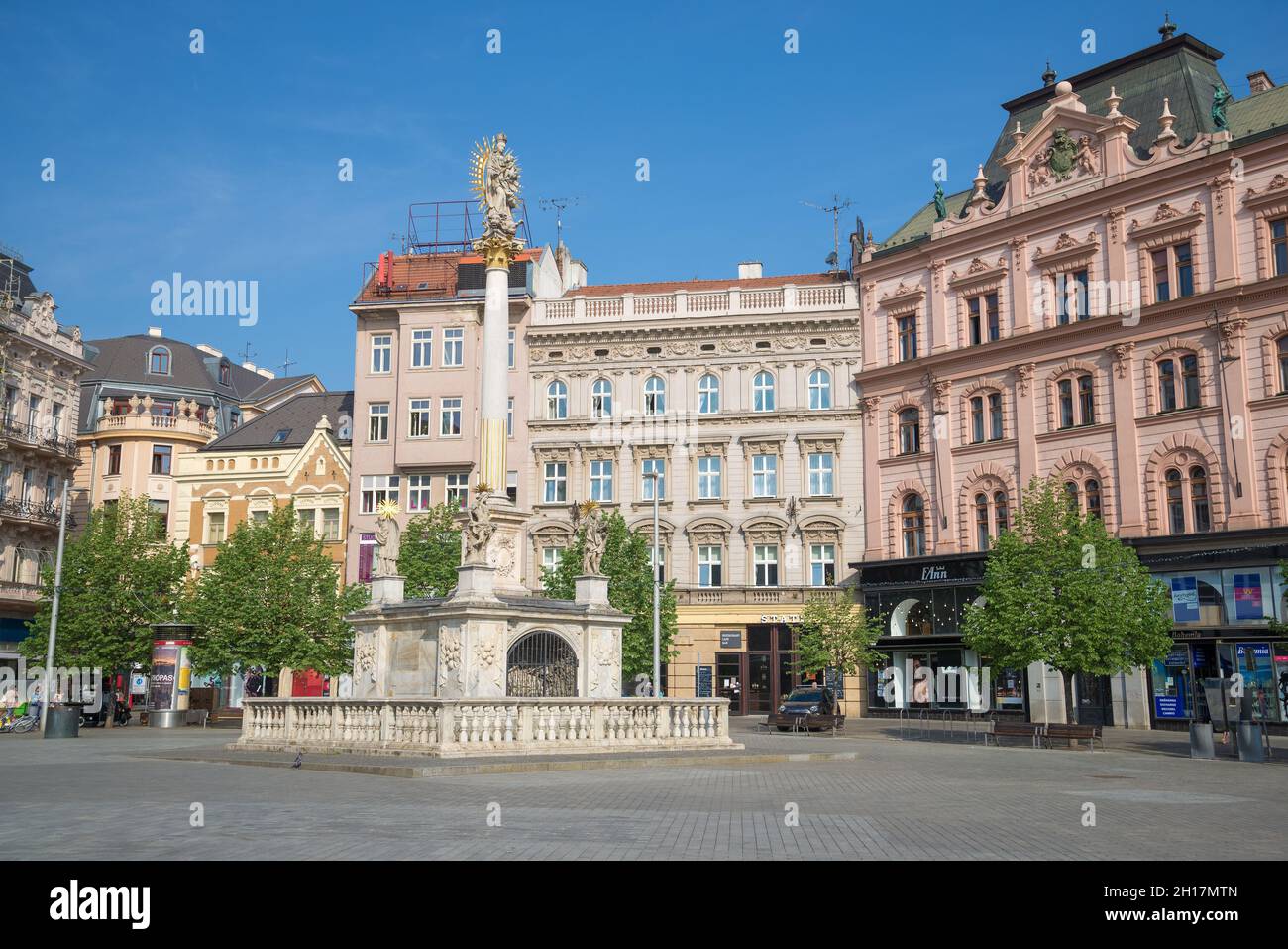 BRNO, CZECH REPUBLIC - APRIL 24, 2018: The Plague Column (1689) - a monument in honor of the end of the plague epidemic on Freedom Square Stock Photo