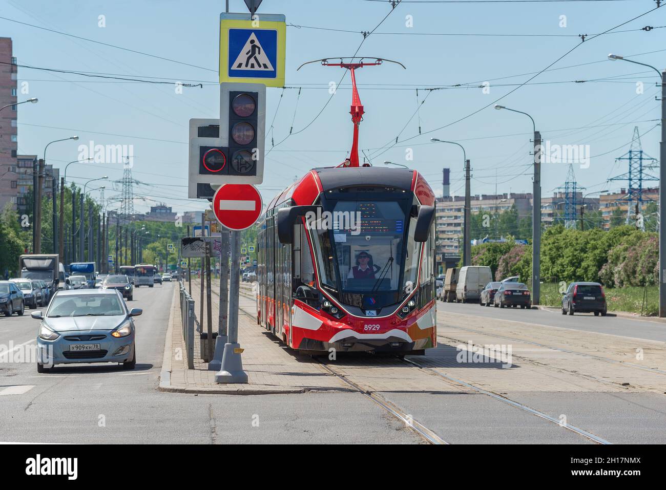 SAINT-PETERSBURG, RUSSIA - JUNE 04, 2021: Modern low-floor tram 71-931M 'Vityaz-M' on a city street Stock Photo