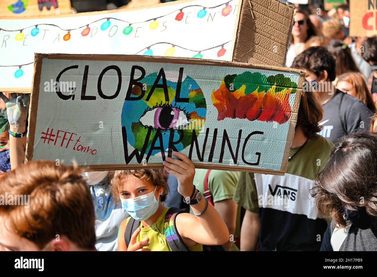 TORINO, ITALY - Sep 24, 2021: A "Fridays for a future" global strike against climate change in Turin, Italy Stock Photo