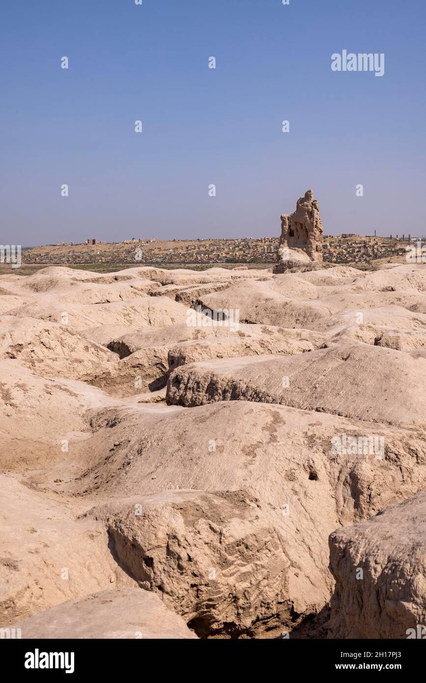 view of Mizdarkhan from the ruins of Gyaur Kala or The Fortress of the Infidels, beside Mizdarkhan, Karakalpakstan, Uzbekistan Stock Photo