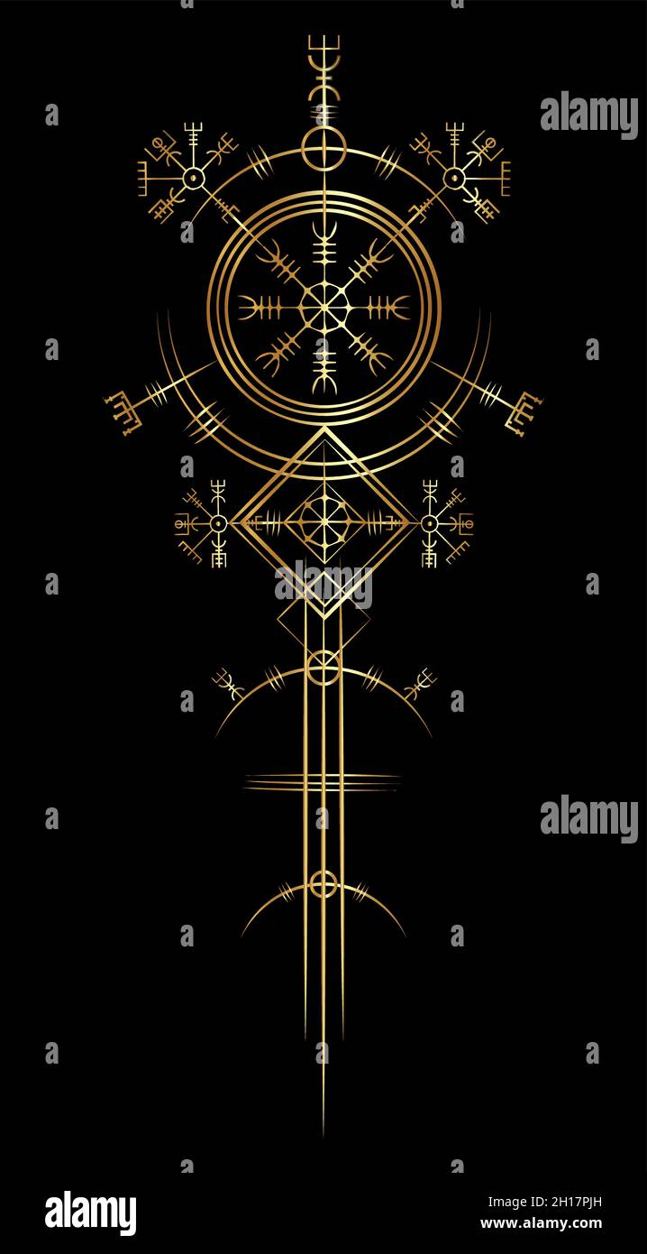 Magic ancient viking art deco, Gold Vegvisir navigation compass ancient. The Vikings used many symbols in accordance to Norse mythology sign Stock Vector