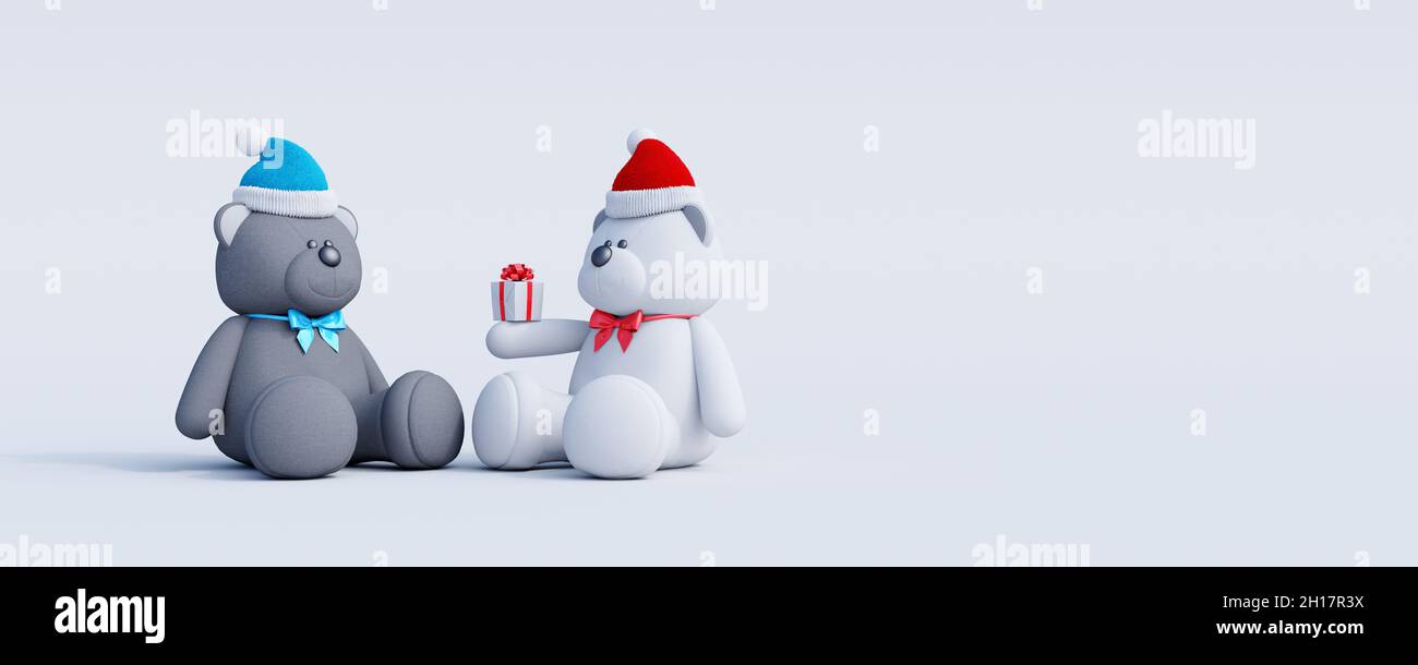 Teddy bear gives the other teddy bear Christmas gift. Winter Holidays concept 3d render 3d illustration Stock Photo