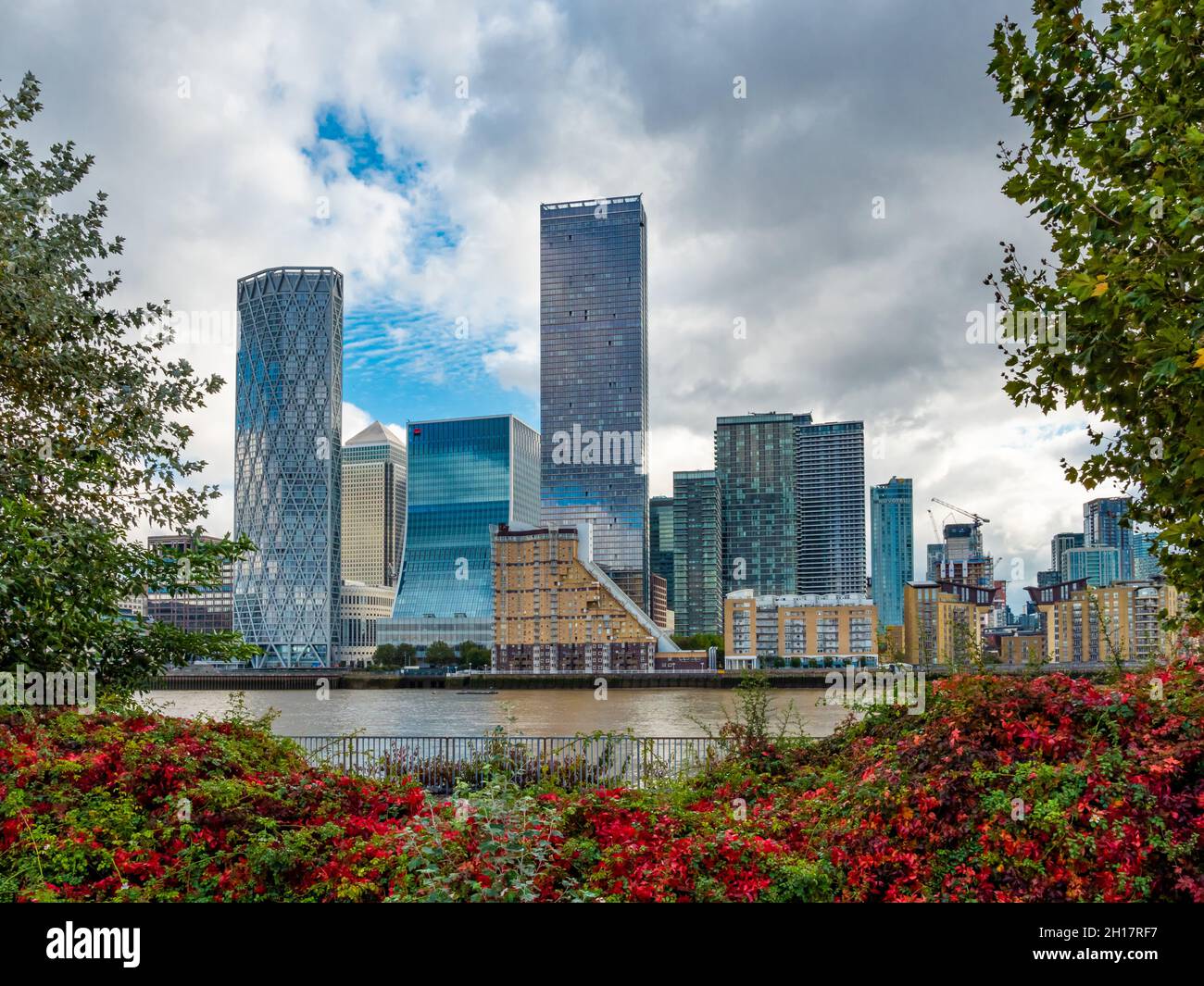 London, England, United Kingdom - October 14, 2021: Wide view of the famous modern buildings across the River Thames, Canary Wharf Stock Photo