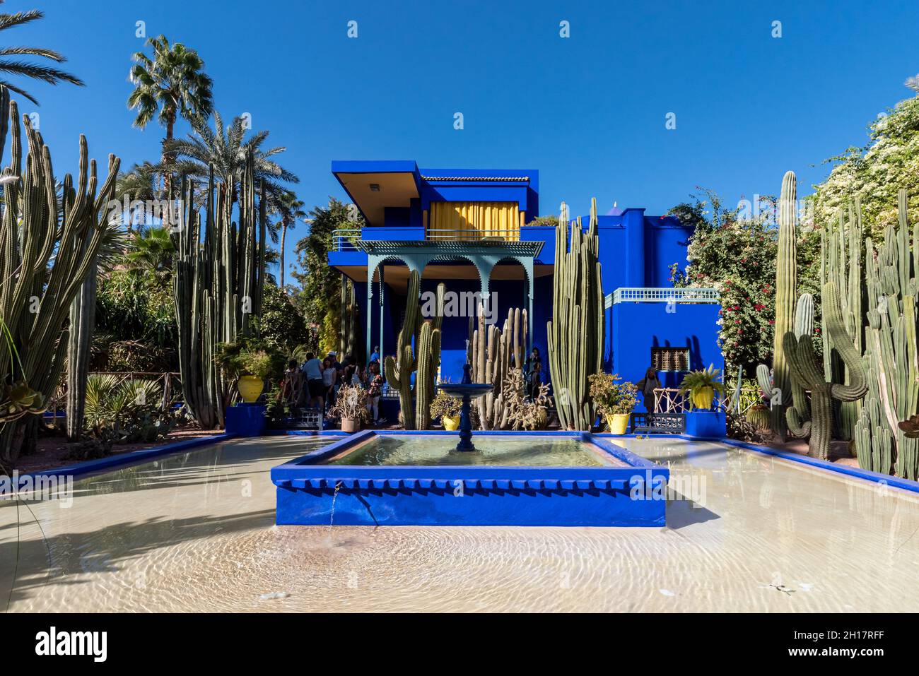 Le Jardin Majorelle, Marrakech, Morocco - November 14, 2017: Beautiful blue architecture of the villa complex and tropical botanical garden build in t Stock Photo