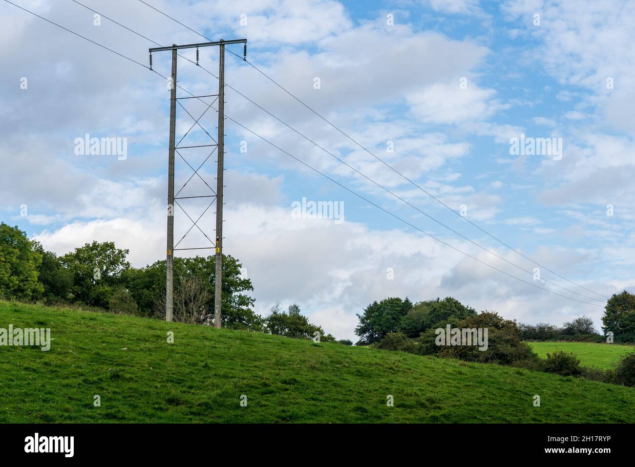 overhead high voltage cables and natural wooden pylon providing power