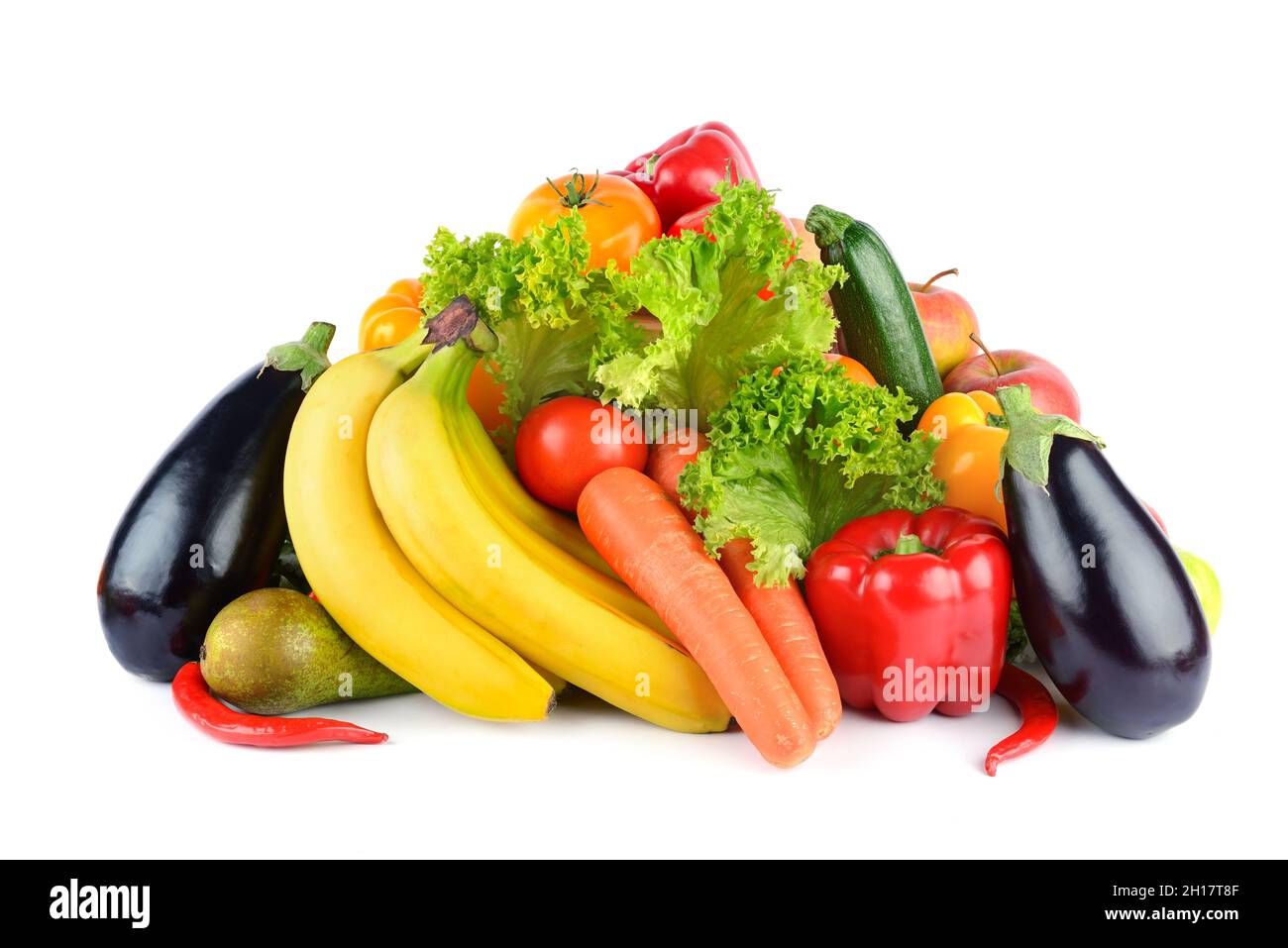 Multi-colored bright fruits and vegetables isolated on white background. Stock Photo